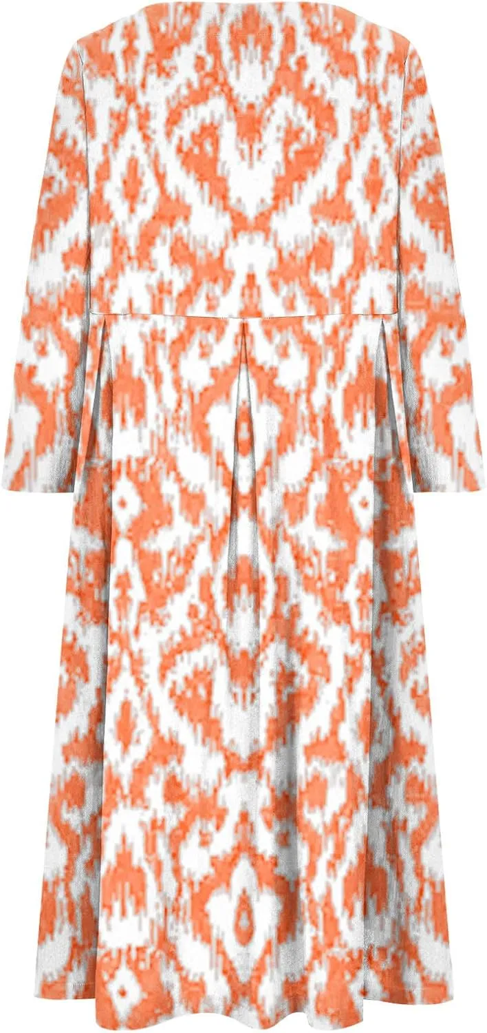 Moomoo Dresses for Women Fashion 3/4 Sleeve Crew Neck Beach Kaftan Dress Vintage Print High Waist Midi Lounge Dress