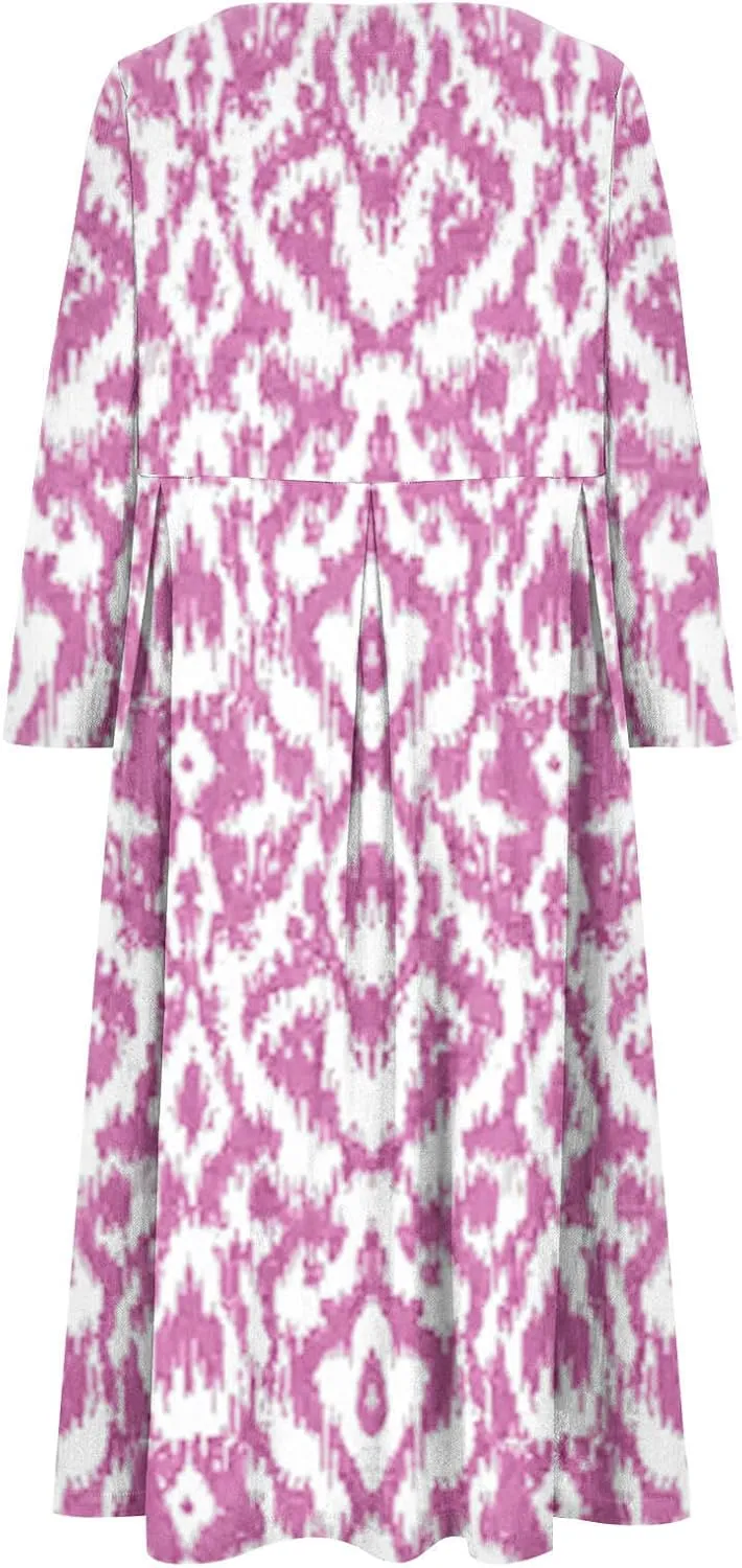 Moomoo Dresses for Women Fashion 3/4 Sleeve Crew Neck Beach Kaftan Dress Vintage Print High Waist Midi Lounge Dress