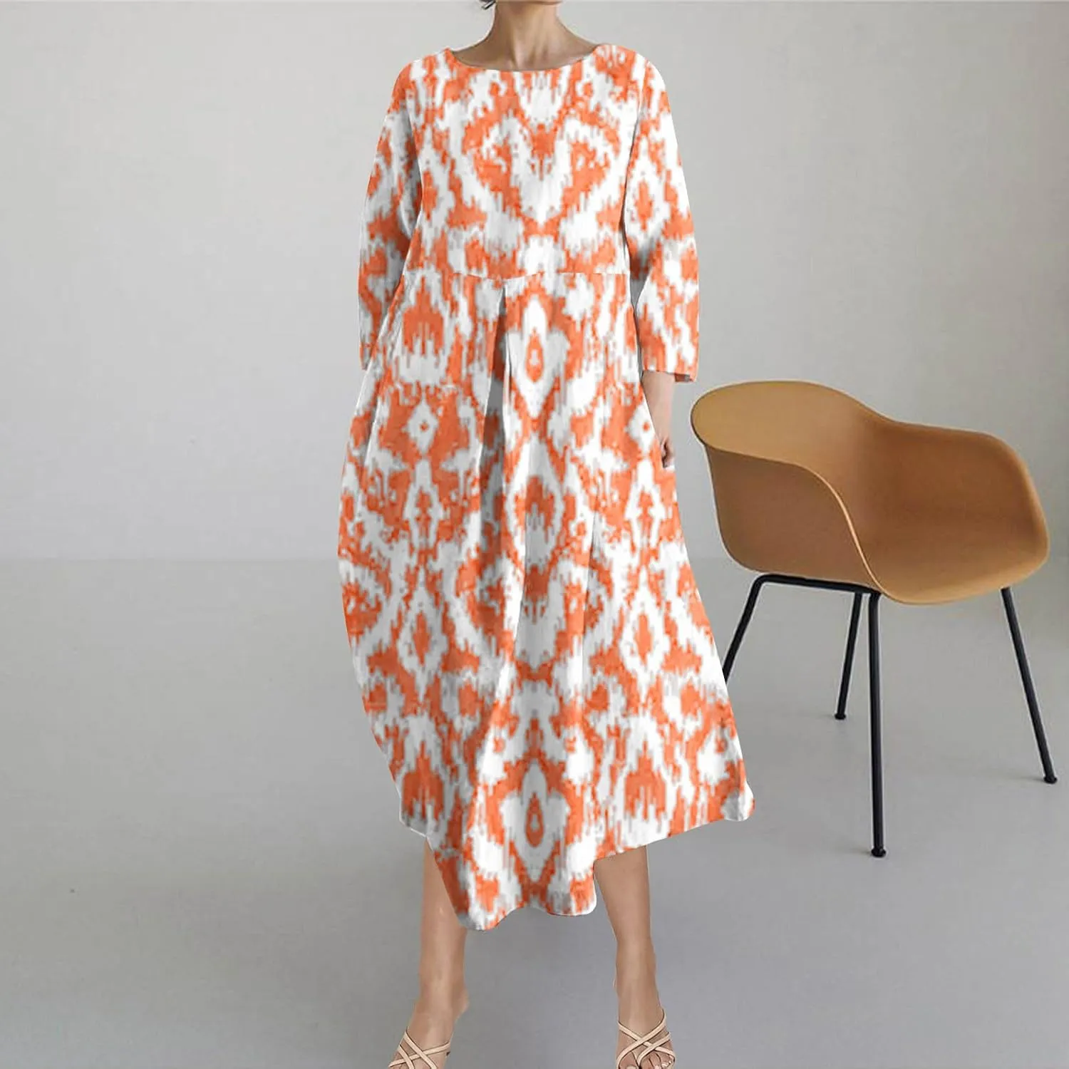 Moomoo Dresses for Women Fashion 3/4 Sleeve Crew Neck Beach Kaftan Dress Vintage Print High Waist Midi Lounge Dress