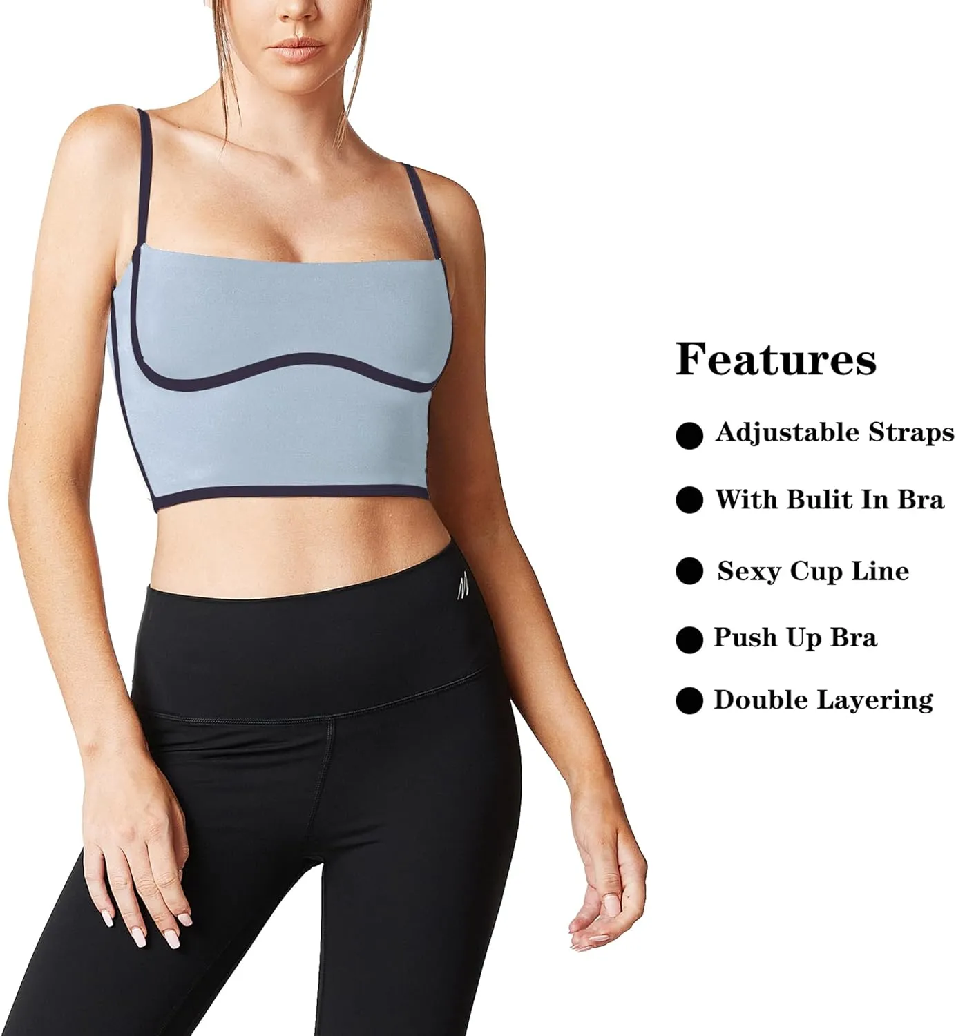 Move With You Sleeveless Spaghetti Strap Padded Sports Bra Tank Tops Square Neck Double Layer Workout Fitness Basic Crop Tops