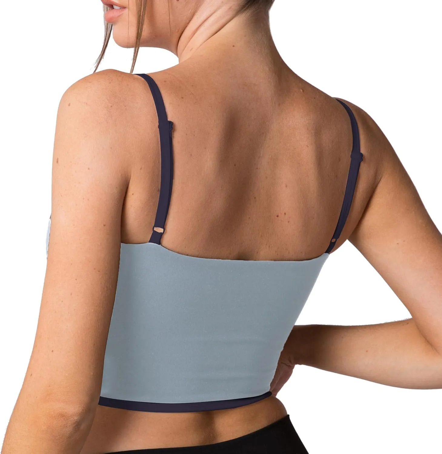 Move With You Sleeveless Spaghetti Strap Padded Sports Bra Tank Tops Square Neck Double Layer Workout Fitness Basic Crop Tops