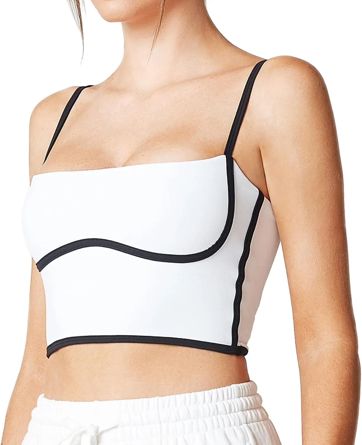 Move With You Sleeveless Spaghetti Strap Padded Sports Bra Tank Tops Square Neck Double Layer Workout Fitness Basic Crop Tops