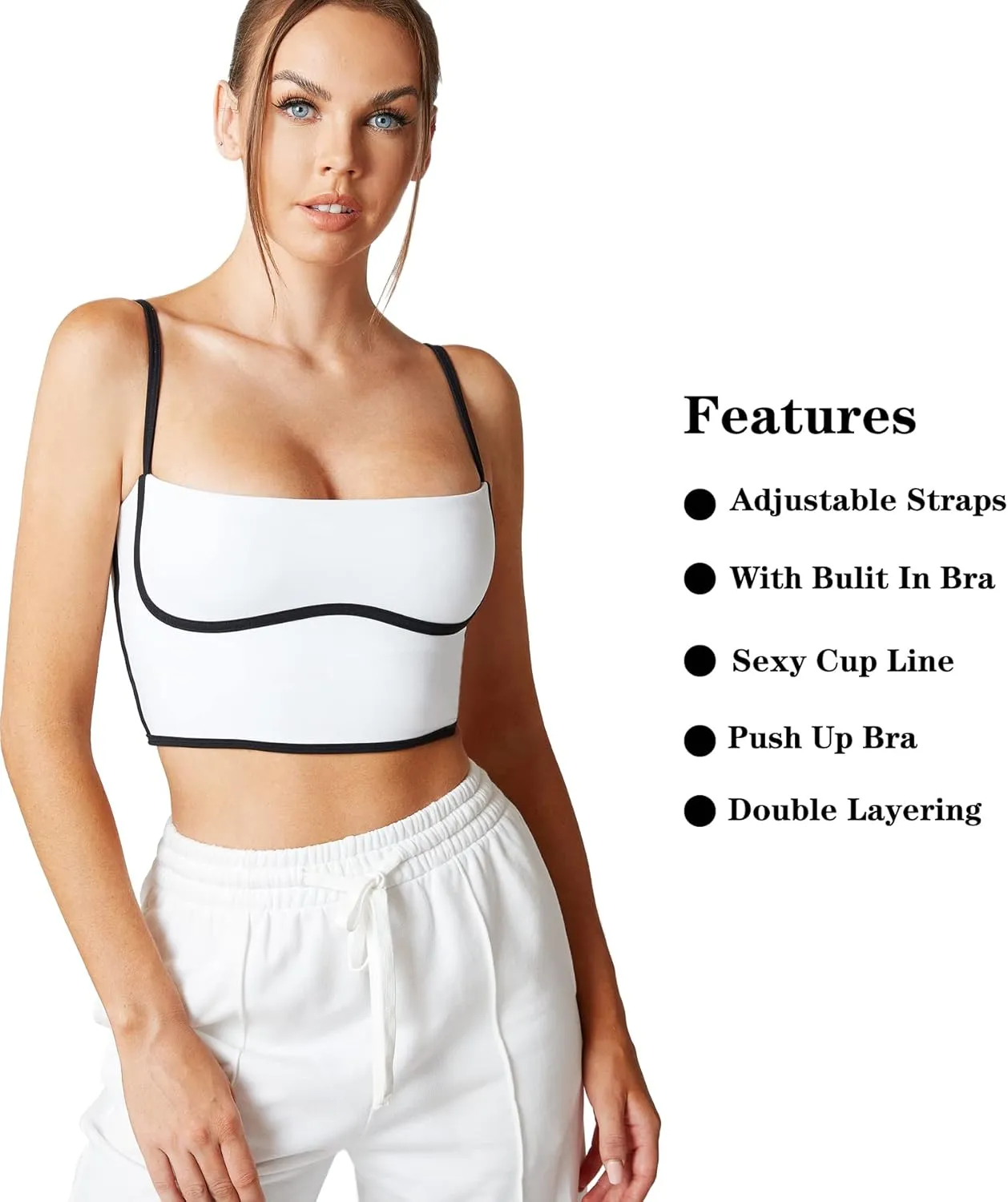 Move With You Sleeveless Spaghetti Strap Padded Sports Bra Tank Tops Square Neck Double Layer Workout Fitness Basic Crop Tops