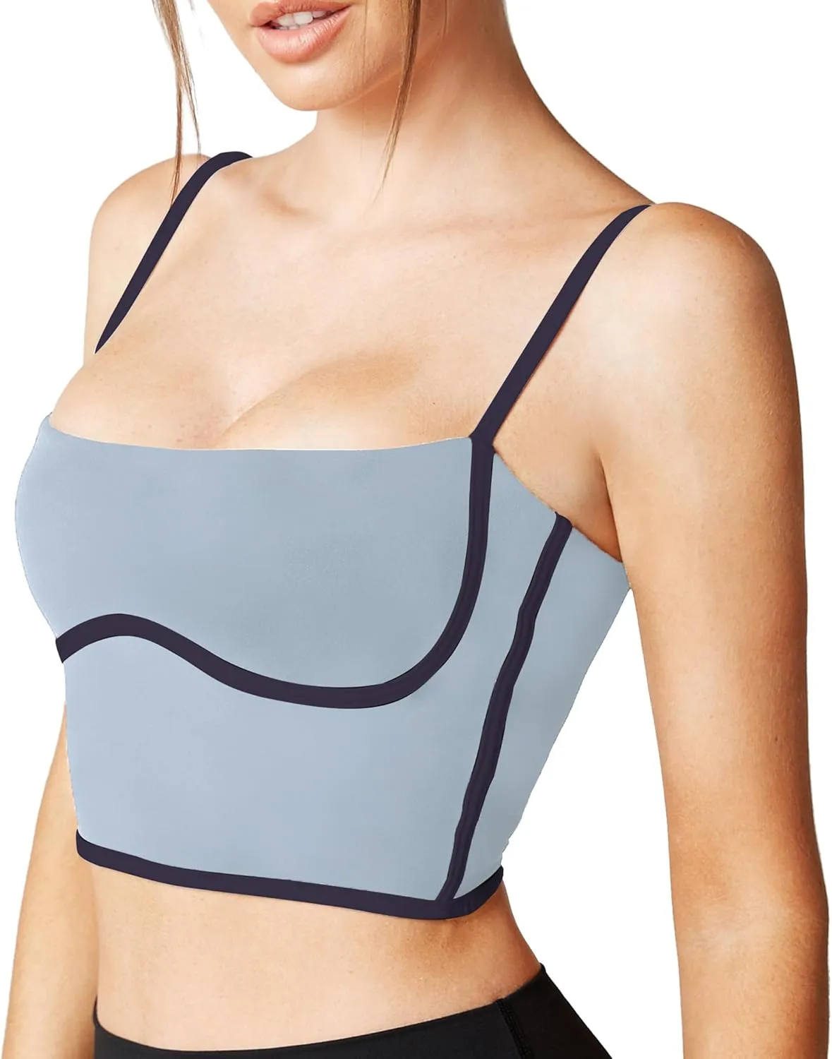 Move With You Sleeveless Spaghetti Strap Padded Sports Bra Tank Tops Square Neck Double Layer Workout Fitness Basic Crop Tops