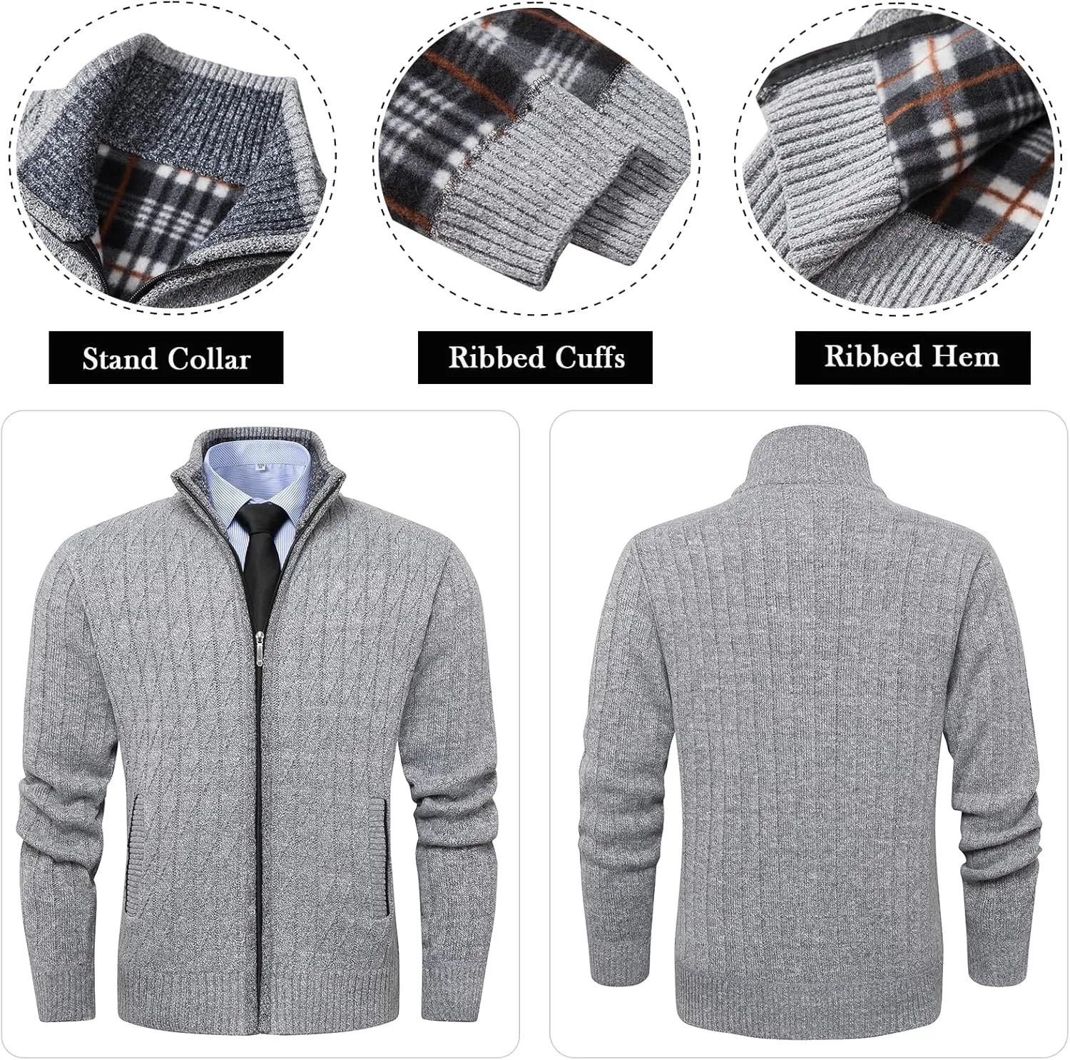 Msmsse Mens Cardigan Sweaters Full Zip Up Stand Collar Casual Knitted Sweater with 2 Front Pockets