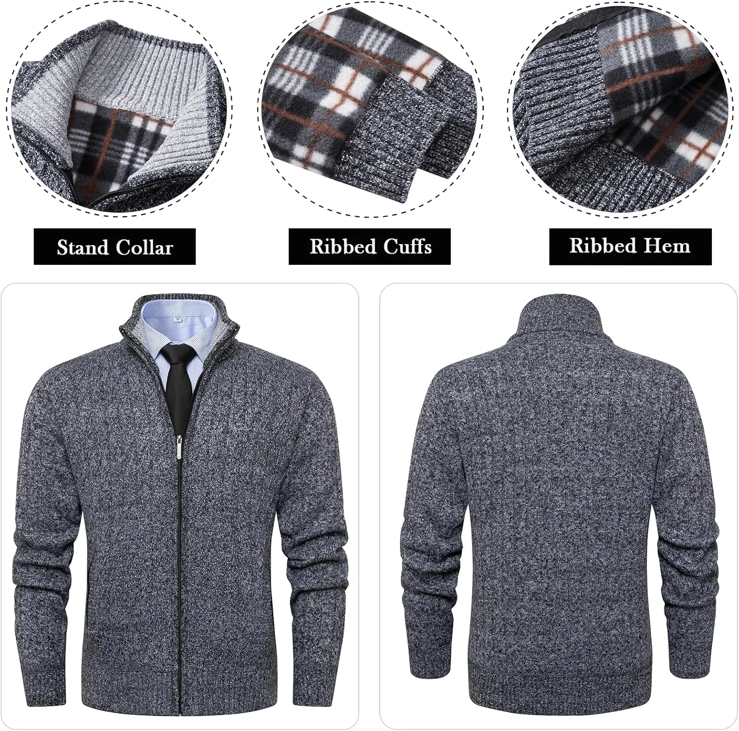 Msmsse Mens Cardigan Sweaters Full Zip Up Stand Collar Casual Knitted Sweater with 2 Front Pockets