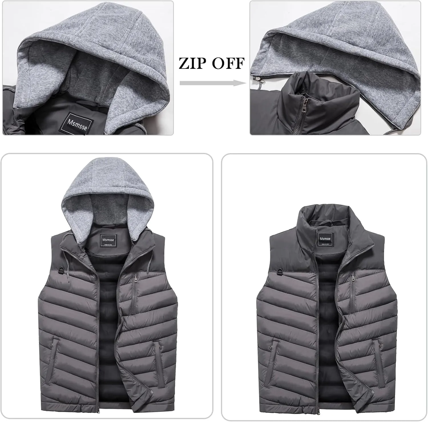 Msmsse Men's Outerwear Vests Winter Outdoor Removable Hooded Padded Puffer Vest for Men