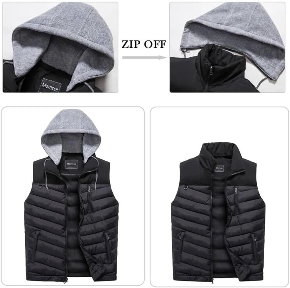 Msmsse Men's Outerwear Vests Winter Outdoor Removable Hooded Padded Puffer Vest for Men