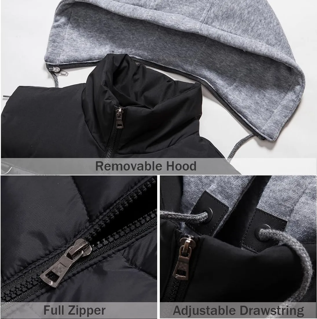 Msmsse Men's Outerwear Vests Winter Outdoor Removable Hooded Padded Puffer Vest for Men