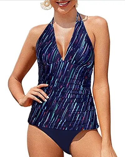 Open Back Halter Tankini Tops Bikini Bottom Two Piece-Navy Blue