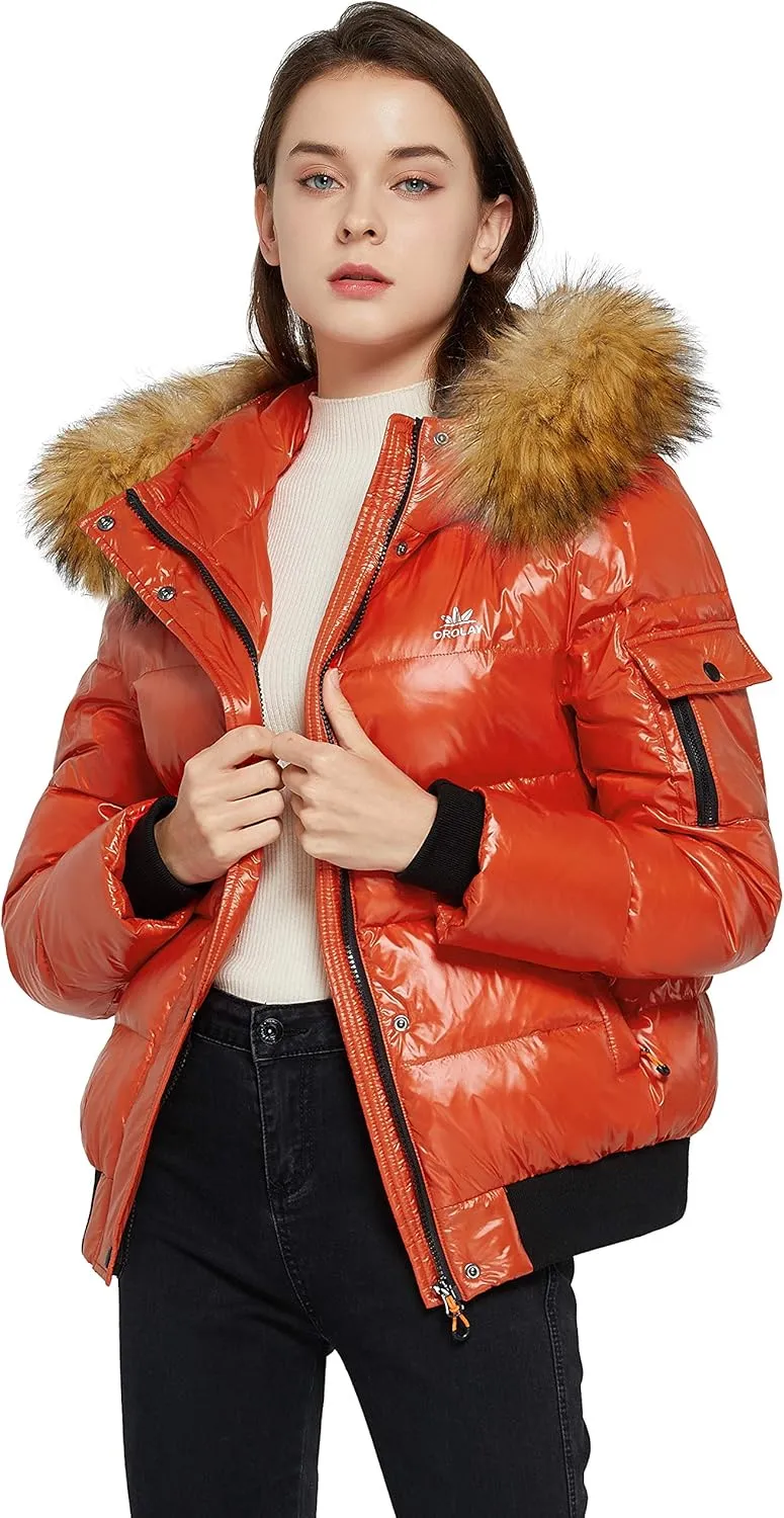 Orolay Women's Thickened Winter Bubble Down Coat Shiny Puffer Jacket with Fur Hood