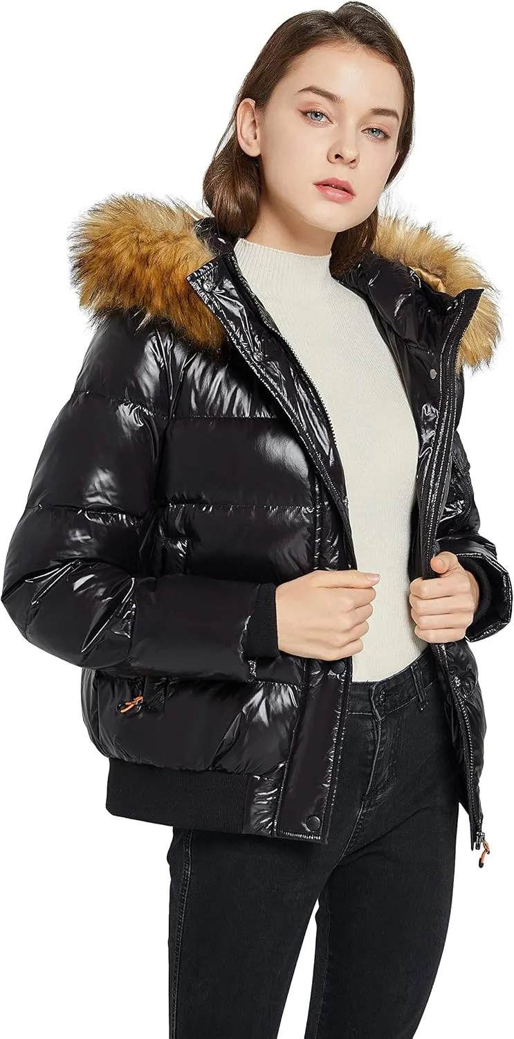 Orolay Women's Thickened Winter Bubble Down Coat Shiny Puffer Jacket with Fur Hood