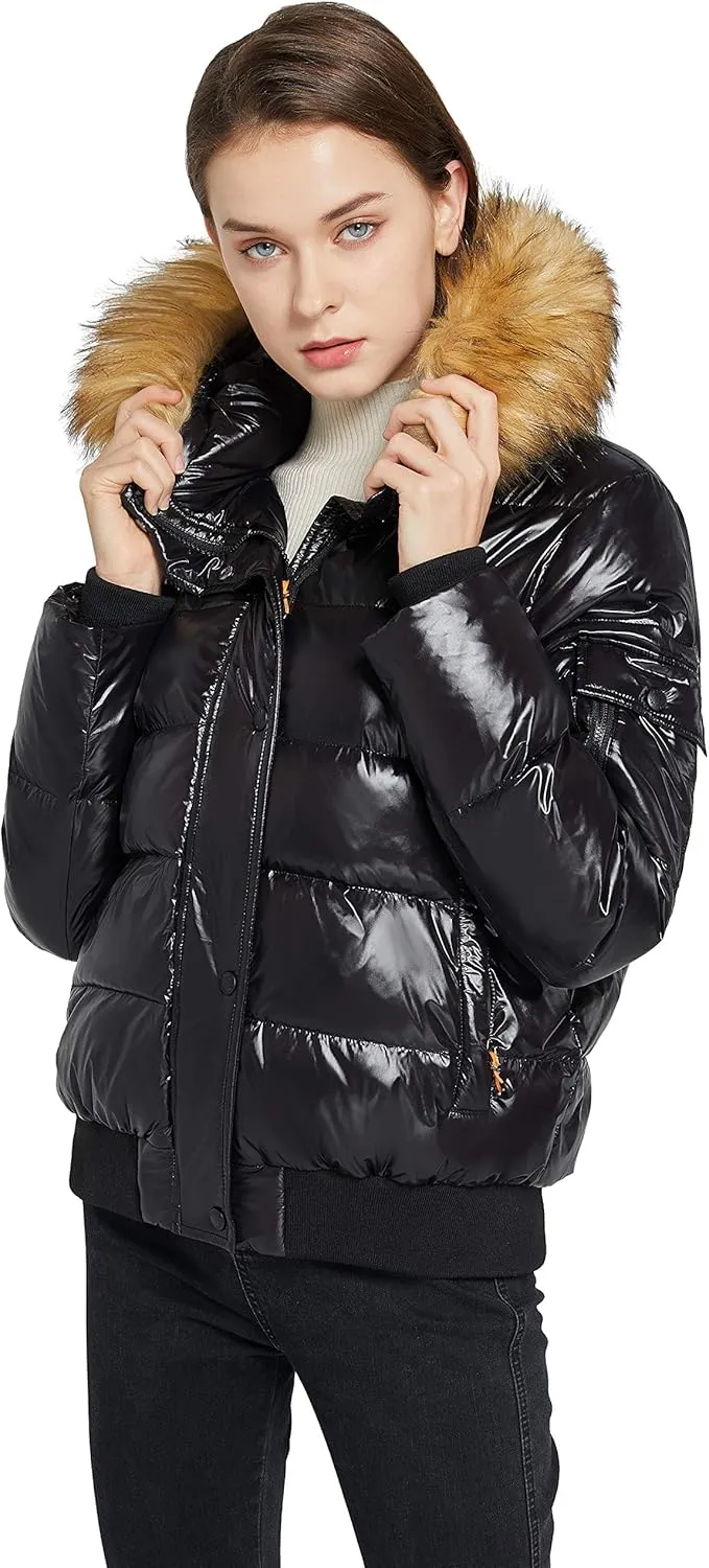 Orolay Women's Thickened Winter Bubble Down Coat Shiny Puffer Jacket with Fur Hood