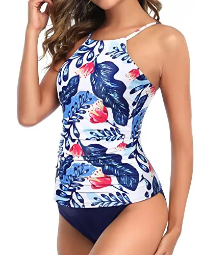 Padded Push Up Tankini Swimsuit Open Back-White And Blue Floral