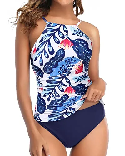 Padded Push Up Tankini Swimsuit Open Back-White And Blue Floral