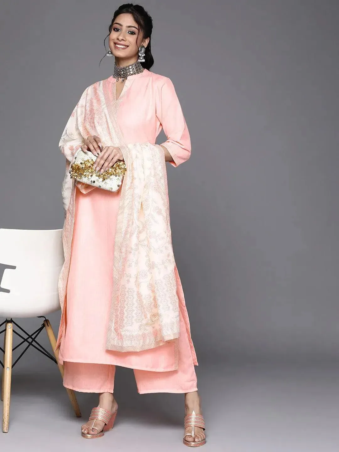 Pink Solid Cotton Straight Kurta With Palazzos & Dupatta