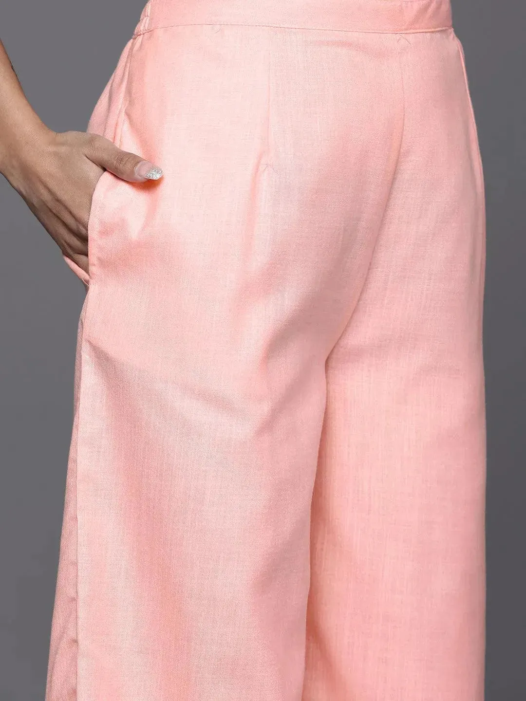 Pink Solid Cotton Straight Kurta With Palazzos & Dupatta