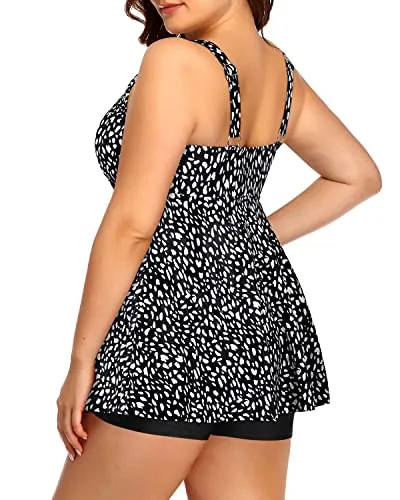 Plus Size Black Boyleg Bottom Tankini Swimsuits For Women-Black White Dots