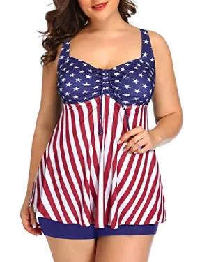 Plus Size Tankini Swimsuits Shorts Flyaway Bathing Suits For Women-Flag