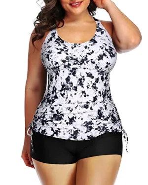 Plus Size Two Piece Ruched Swimsuit Tummy Control-Black And White Tie Dye