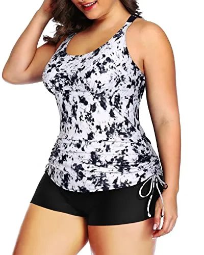 Plus Size Two Piece Ruched Swimsuit Tummy Control-Black And White Tie Dye