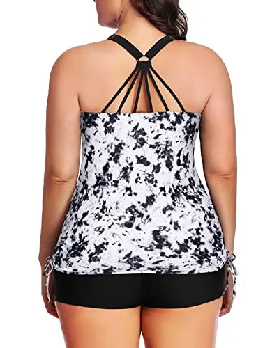 Plus Size Two Piece Ruched Swimsuit Tummy Control-Black And White Tie Dye