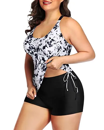 Plus Size Two Piece Ruched Swimsuit Tummy Control-Black And White Tie Dye