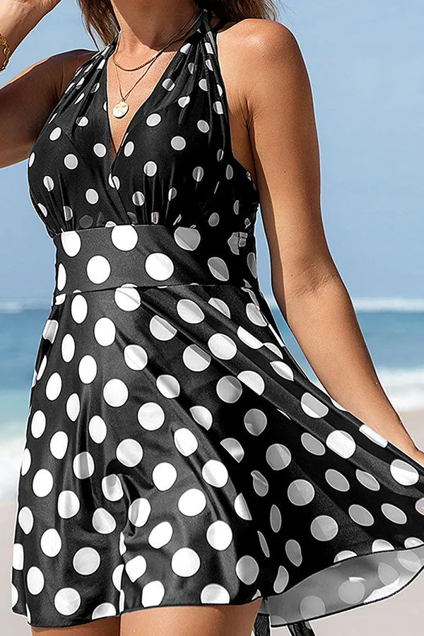 Polka Dot Halter Collar Elegant Tankini & Shorts