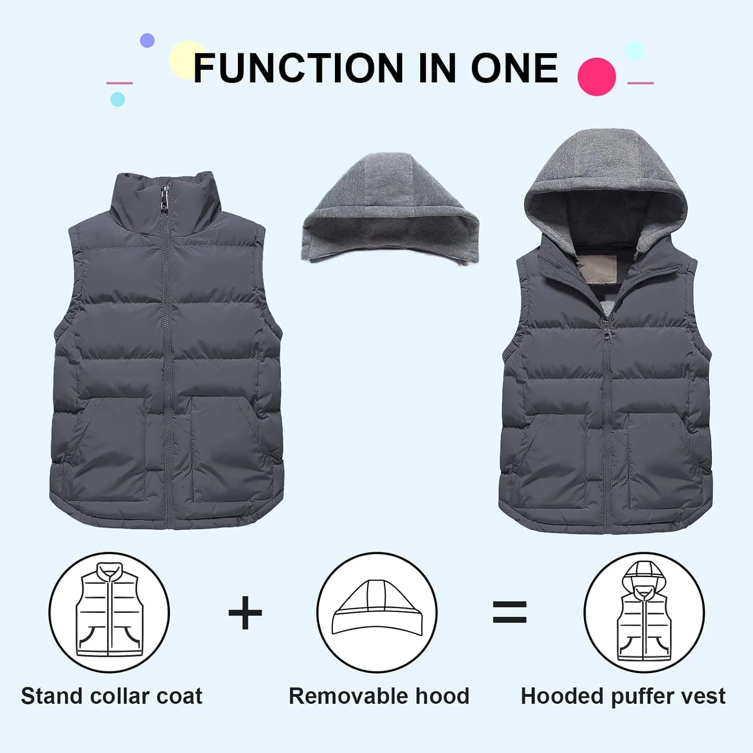 Pursky Girl's and Boy's Warm Puffer Vest Coat Water Resistant Sleeveless Jacket With Detachable Hood for 6-14Y