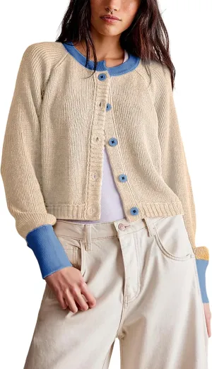 PUWEI Women's Color Block Cardigan Sweaters Button-Up Long Sleeve Cropped Knited Jacket Casual Round Neck Trendy Tops