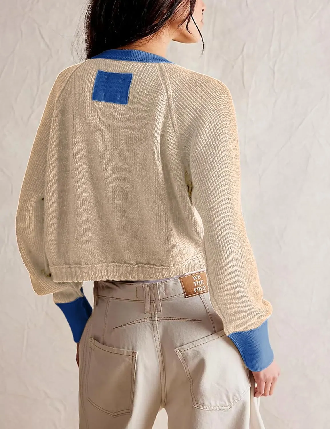 PUWEI Women's Color Block Cardigan Sweaters Button-Up Long Sleeve Cropped Knited Jacket Casual Round Neck Trendy Tops