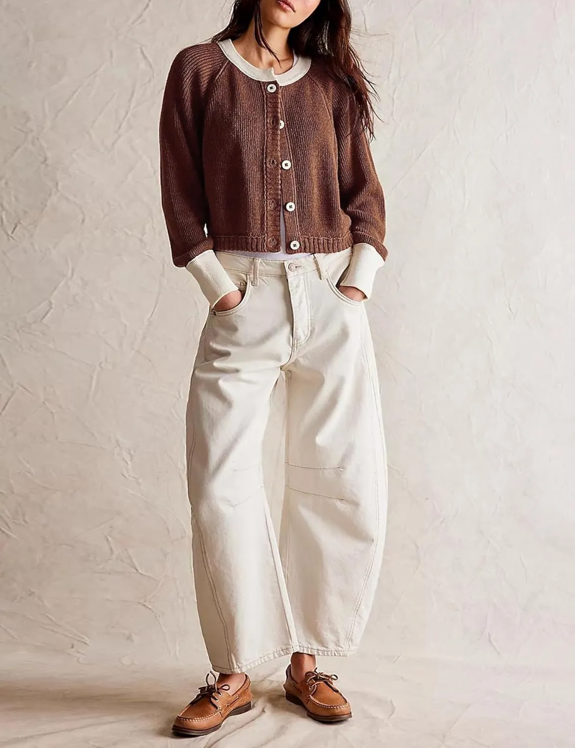 PUWEI Women's Color Block Cardigan Sweaters Button-Up Long Sleeve Cropped Knited Jacket Casual Round Neck Trendy Tops