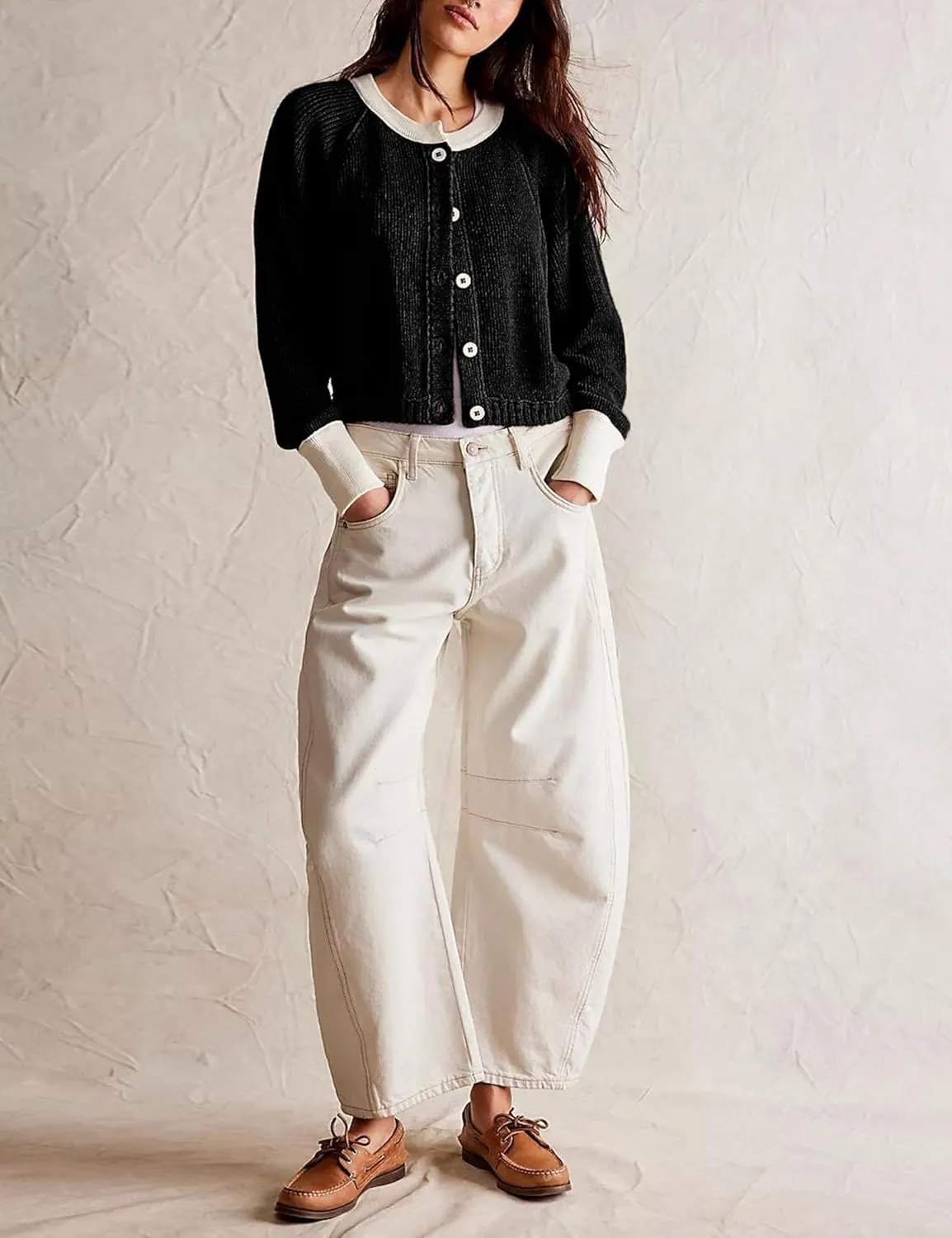 PUWEI Women's Color Block Cardigan Sweaters Button-Up Long Sleeve Cropped Knited Jacket Casual Round Neck Trendy Tops