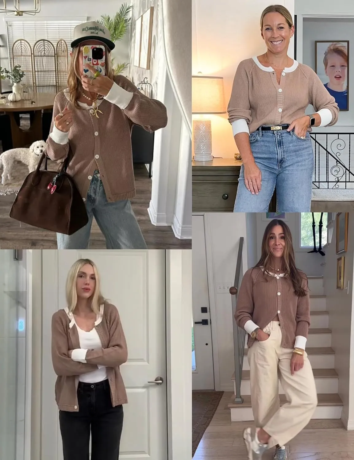 PUWEI Women's Color Block Cardigan Sweaters Button-Up Long Sleeve Cropped Knited Jacket Casual Round Neck Trendy Tops