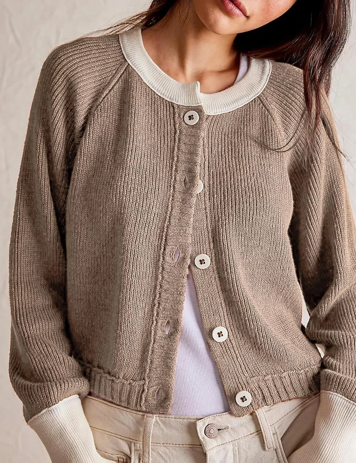 PUWEI Women's Color Block Cardigan Sweaters Button-Up Long Sleeve Cropped Knited Jacket Casual Round Neck Trendy Tops