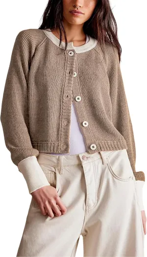 PUWEI Women's Color Block Cardigan Sweaters Button-Up Long Sleeve Cropped Knited Jacket Casual Round Neck Trendy Tops