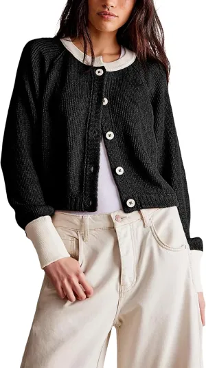PUWEI Women's Color Block Cardigan Sweaters Button-Up Long Sleeve Cropped Knited Jacket Casual Round Neck Trendy Tops
