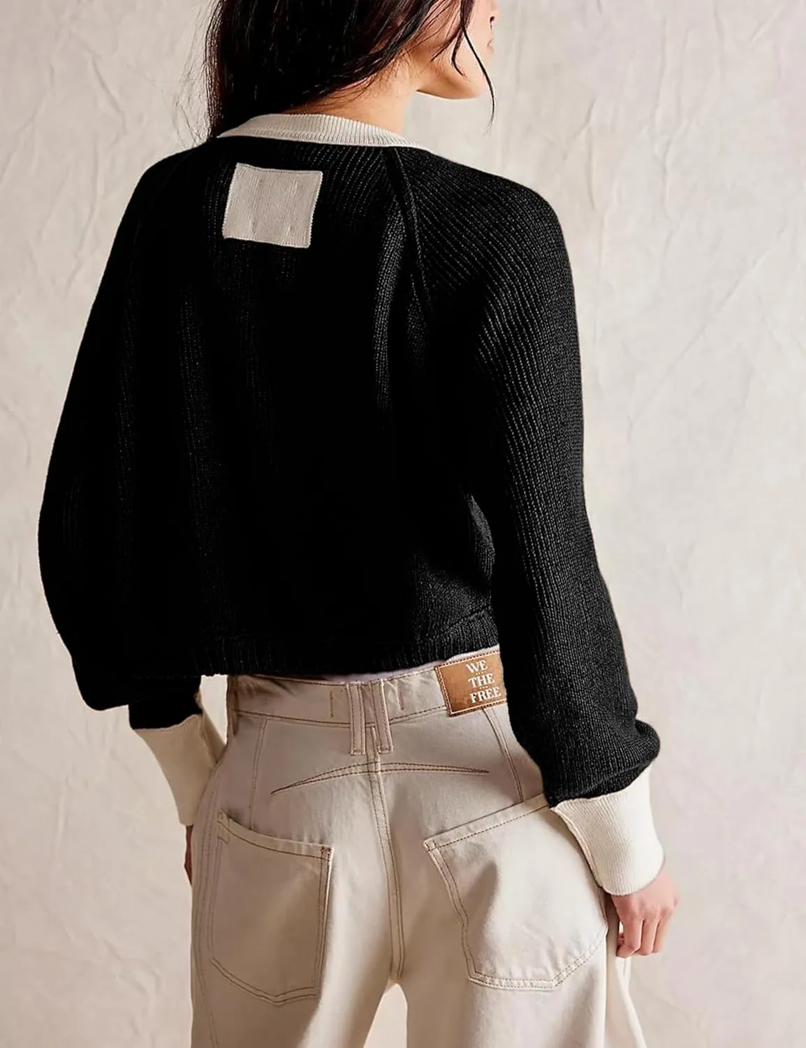 PUWEI Women's Color Block Cardigan Sweaters Button-Up Long Sleeve Cropped Knited Jacket Casual Round Neck Trendy Tops