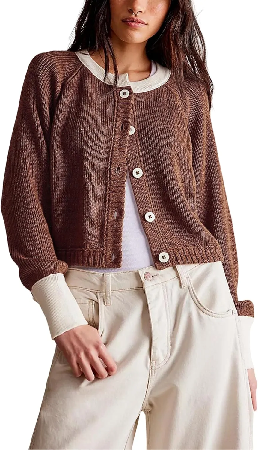 PUWEI Women's Color Block Cardigan Sweaters Button-Up Long Sleeve Cropped Knited Jacket Casual Round Neck Trendy Tops