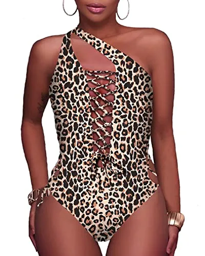 Quirky Thong Lace Up Monokini Strappy Cutout Swimwear-Leopard