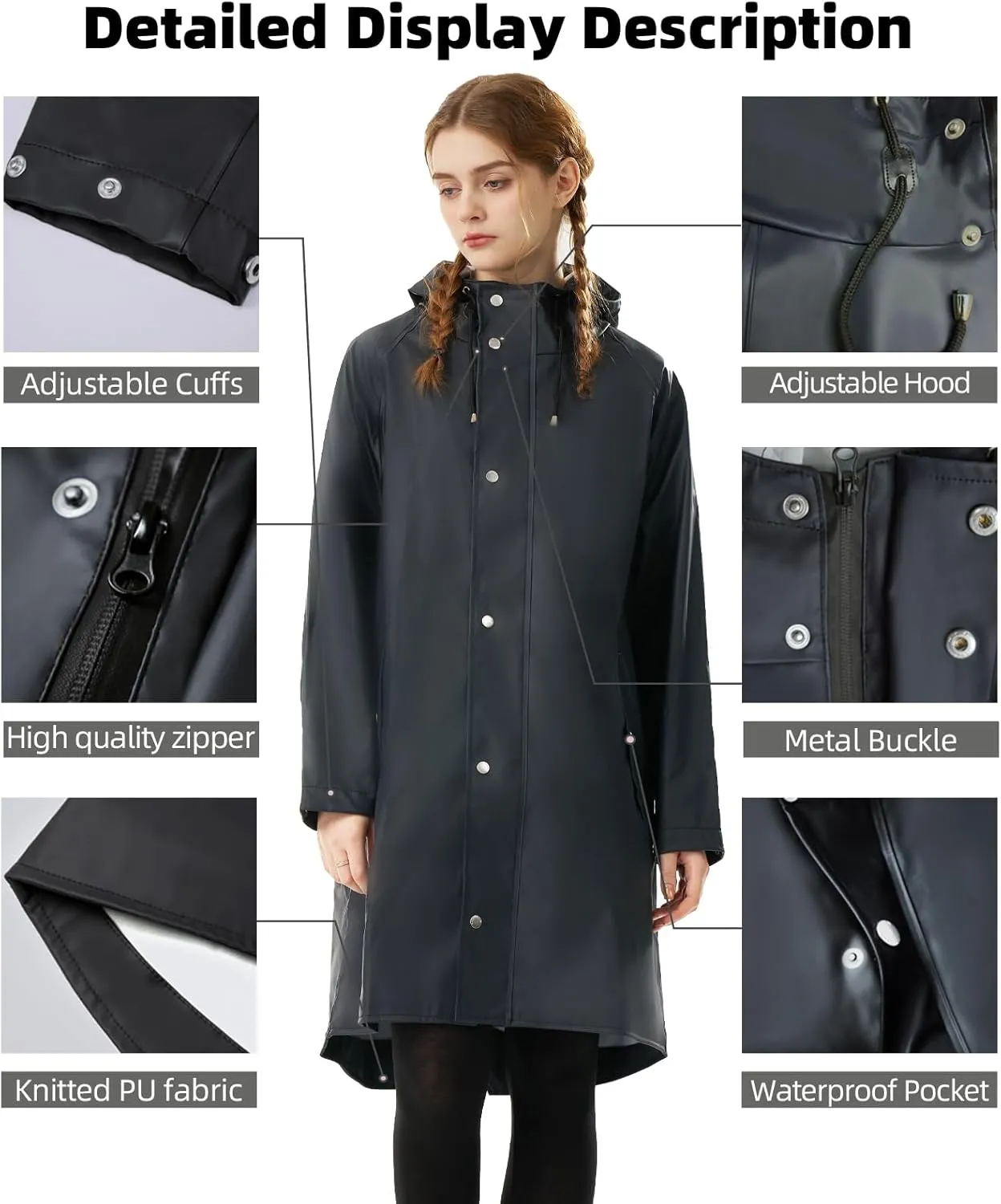 Raincoat for Women Waterproof Rain Jackets with Hooded Hiking Coat Outdoor Lightweight Windbreaker Hood Trench Coat