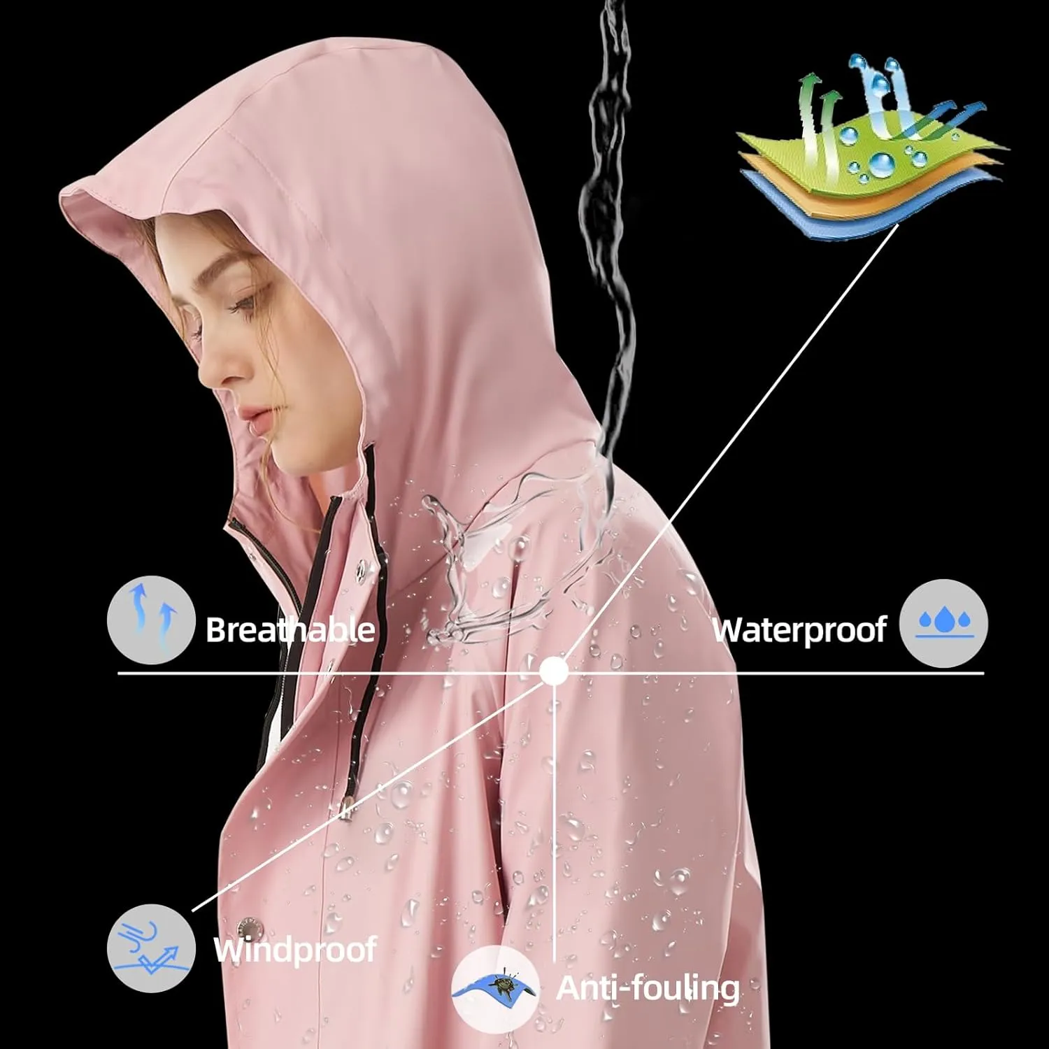 Raincoat for Women Waterproof Rain Jackets with Hooded Hiking Coat Outdoor Lightweight Windbreaker Hood Trench Coat