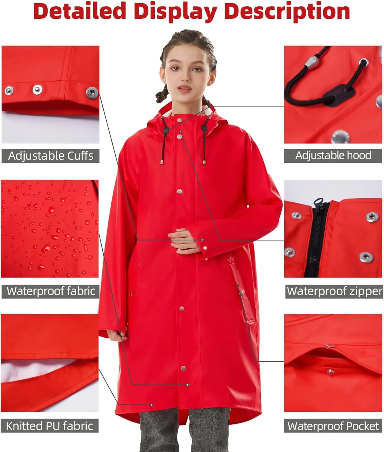 Raincoat for Women Waterproof Rain Jackets with Hooded Hiking Coat Outdoor Lightweight Windbreaker Hood Trench Coat