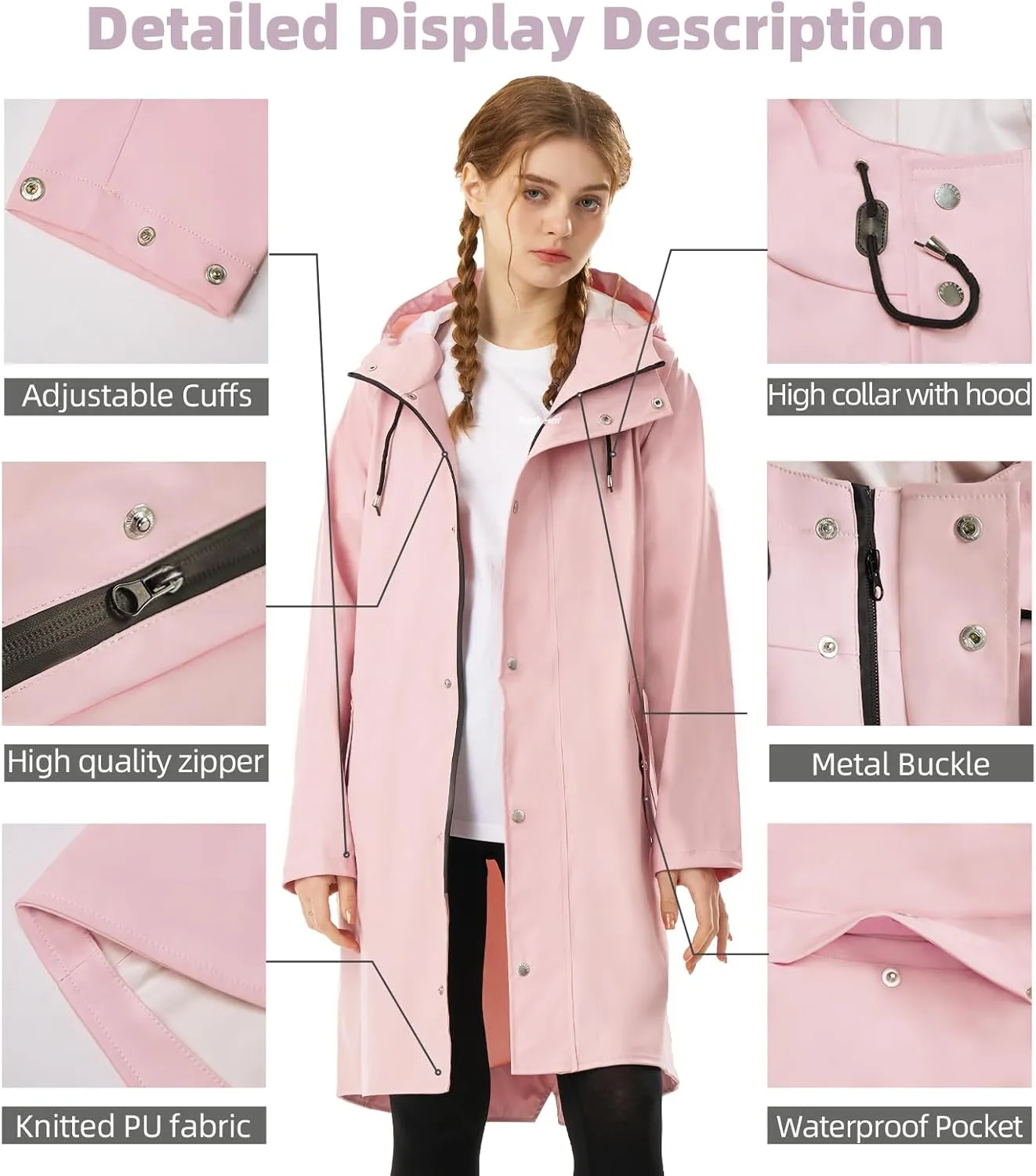 Raincoat for Women Waterproof Rain Jackets with Hooded Hiking Coat Outdoor Lightweight Windbreaker Hood Trench Coat