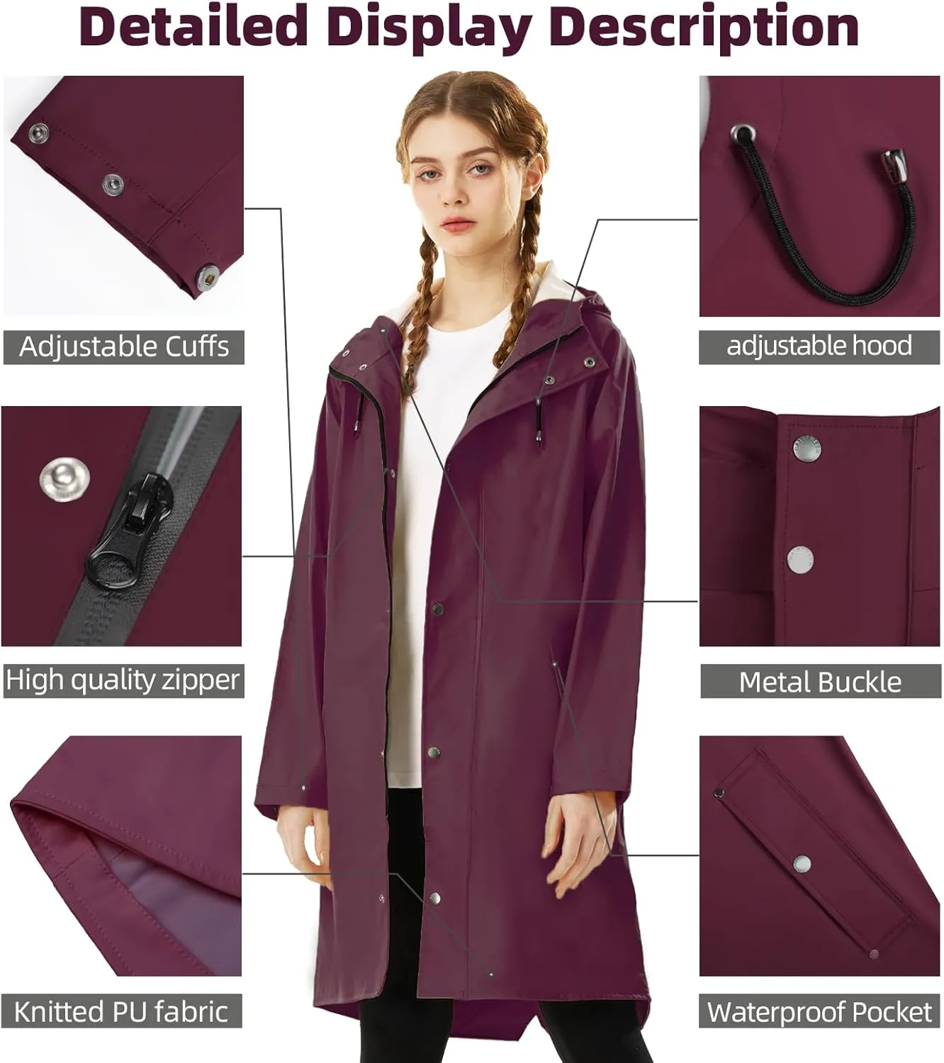 Raincoat for Women Waterproof Rain Jackets with Hooded Hiking Coat Outdoor Lightweight Windbreaker Hood Trench Coat