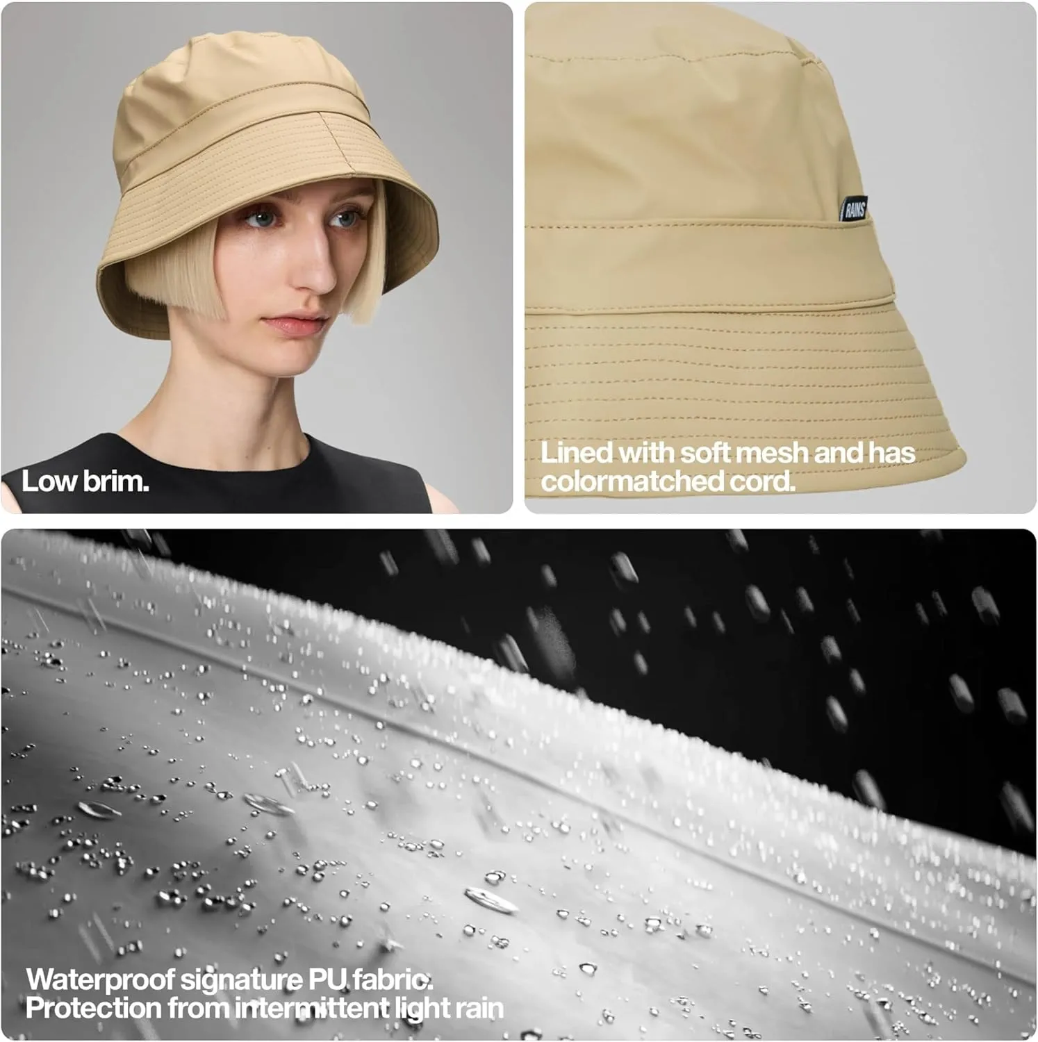 RAINS Bucket Hat - Lightweight PU Fabric, Soft Lining, Modern Design with Vertical Rim & Stitch Details for Comfort