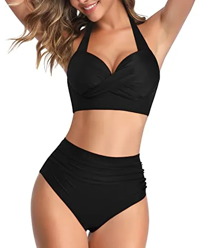 Retro Halter Twist Front Swimwear For Womens 2 Piece High Waisted Bikini-Black