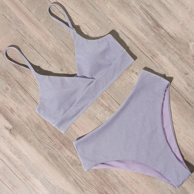 Ribbed High Waist Push Up Bikini Set with Padding