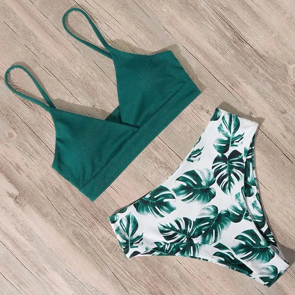 Ribbed High Waist Push Up Bikini Set with Padding