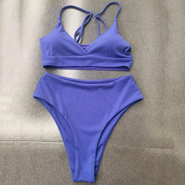 Ribbed High Waist Push Up Bikini Set with Padding